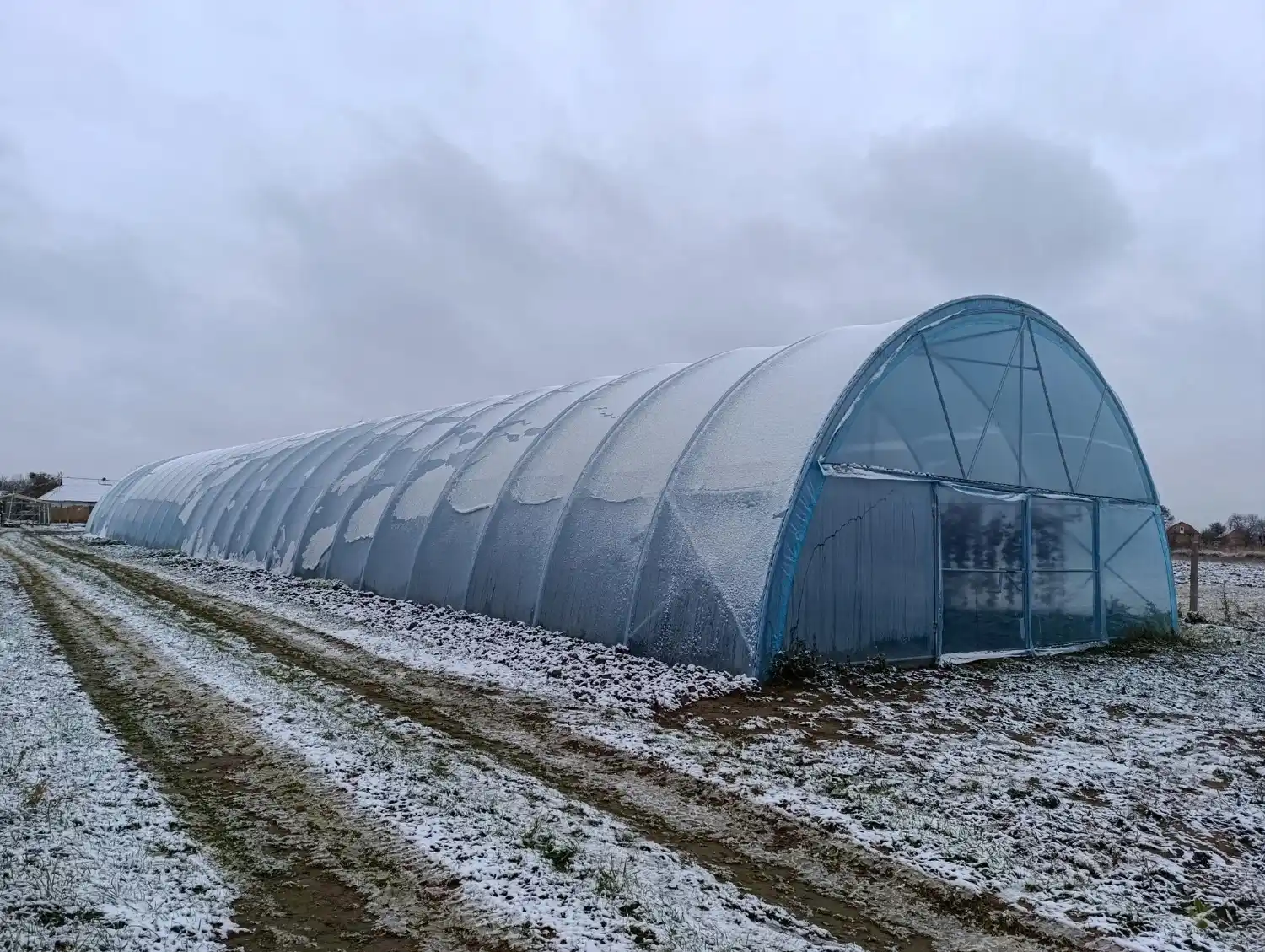 Snow-covered hoop greenhouse in a winter field