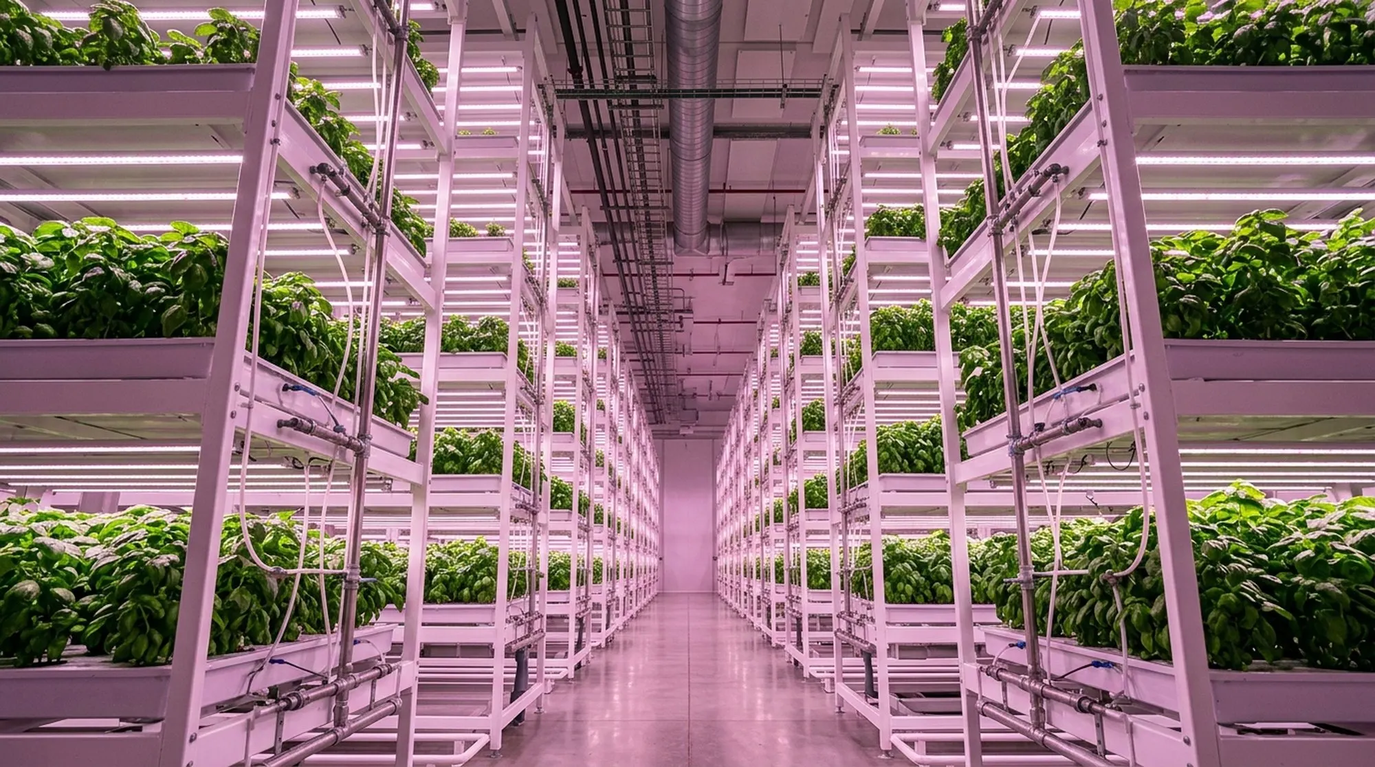 An aisle of stacked grow racks with LED lighting and basil growing on shelf