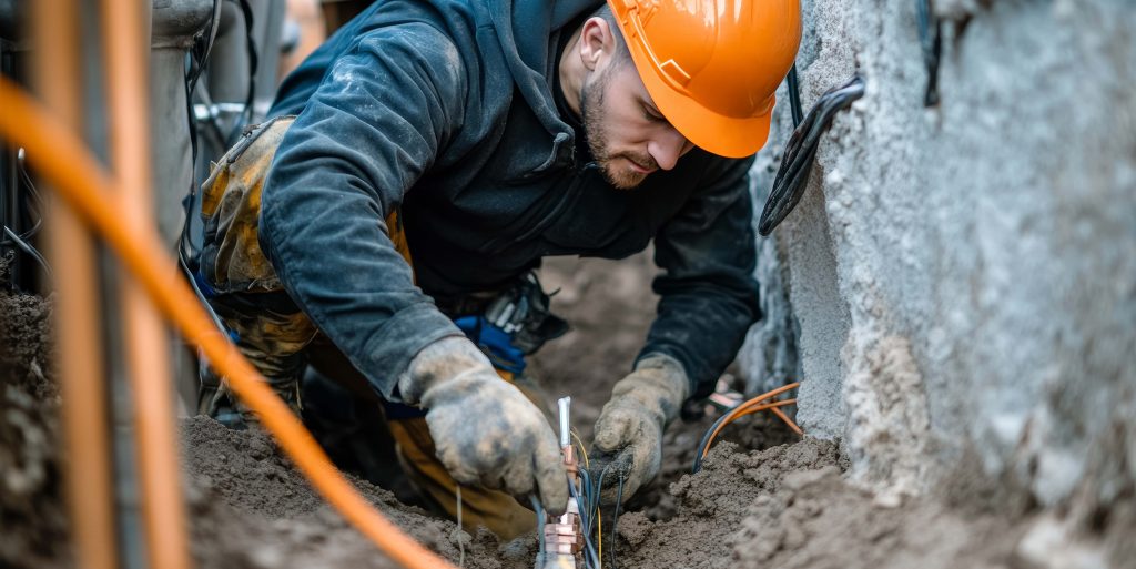 Electrician installing underground electrical wiring for an outd