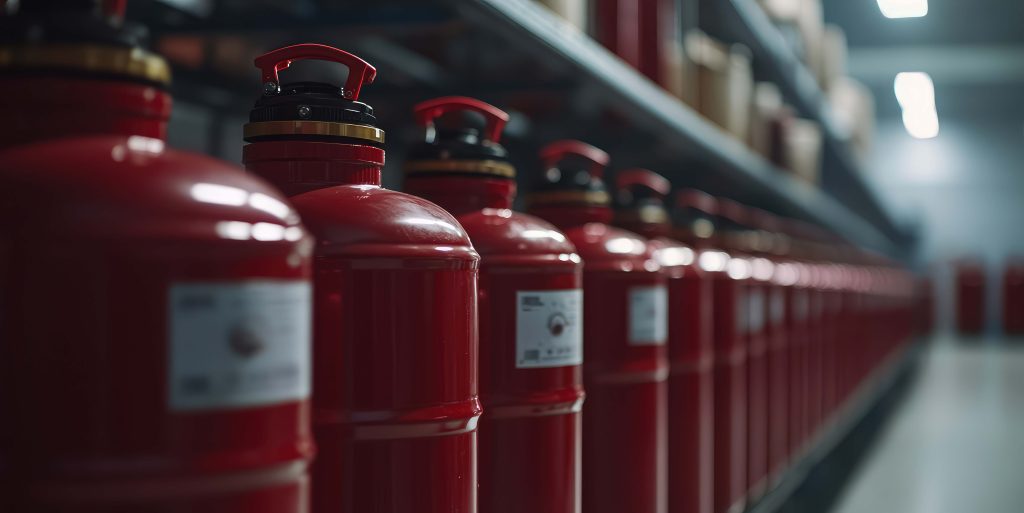 Red propane liquefied gas cylinders in rows. Rows of metal gas c