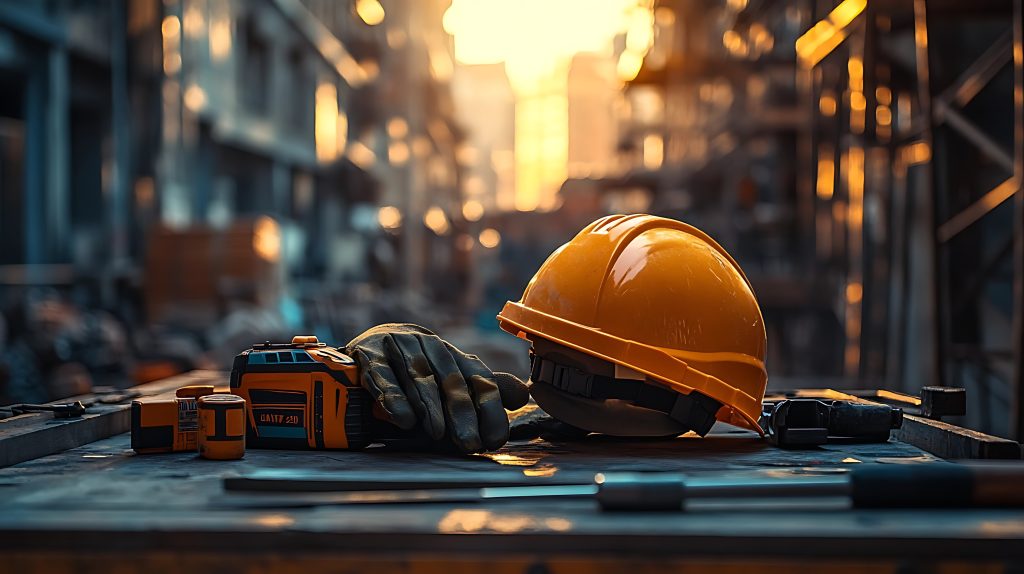 Construction site tools and safety gear with yellow hard hat and drill at sunset