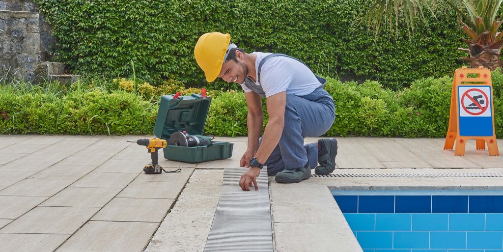 Pool grid and grill repair style with repairman.