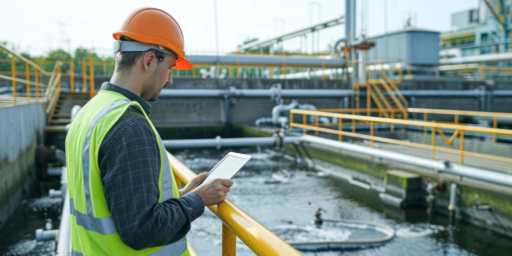 Environmental engineer in a reflective vest inspecting a wastewa
