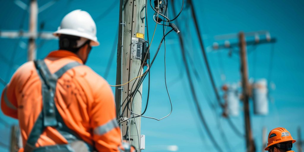 Construction workers in workwear and hard hats are repairing a power line