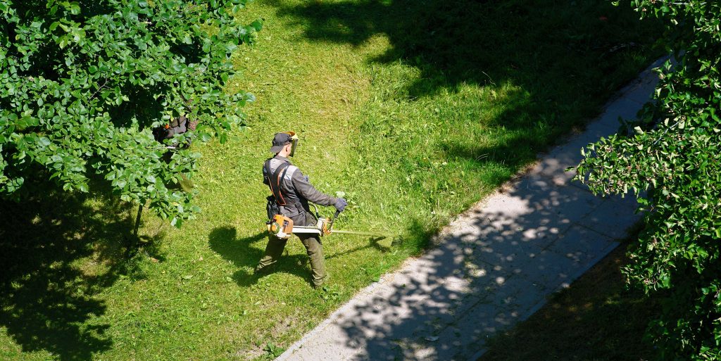 Small landscaping crew working together on a property, illustrating the workforce and labor coordination challenges in the industry