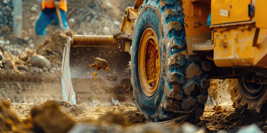 The tire is covered in mud and the vehicle is spraying dirt and mud in the air