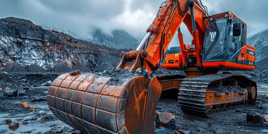 A large orange excavator with a massive bucket is shown at a rug