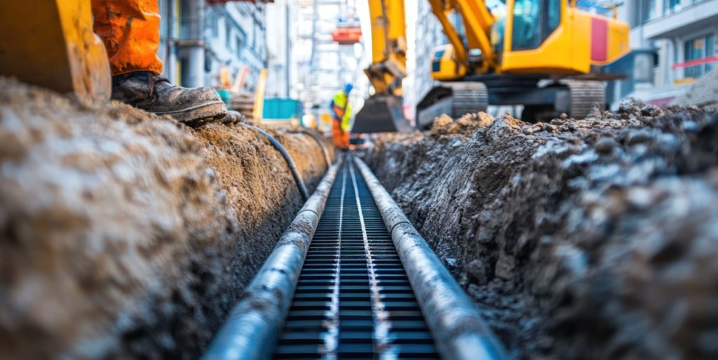 Construction underground utilities in street site, Repair, laying water pipes or replacing sewer pipes Installation of plumbing, sanitation and drainage systems