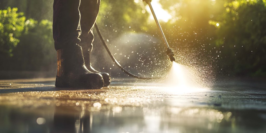 Person using a pressure washer outdoors.