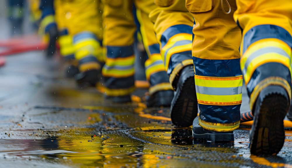 Emergency responders in full protective hazmat suits managing a dangerous propane or LPG gas leak at an industrial site