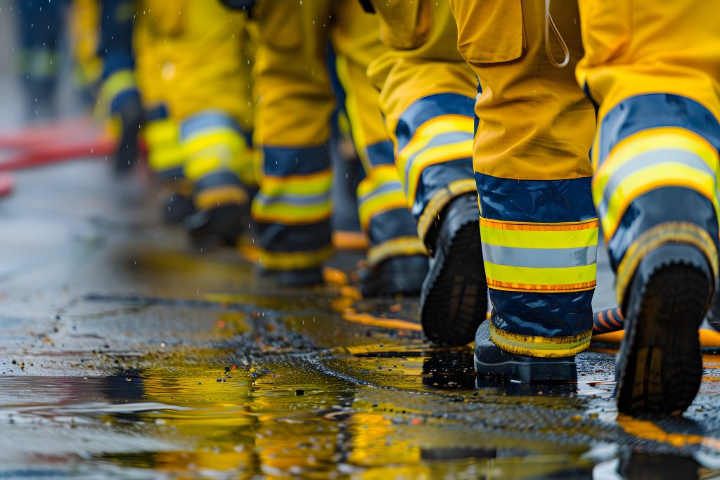 Emergency responders in full protective hazmat suits managing a dangerous propane or LPG gas leak at an industrial site