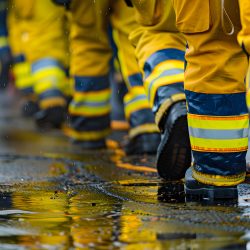 Emergency responders in full protective hazmat suits managing a dangerous propane or LPG gas leak at an industrial site