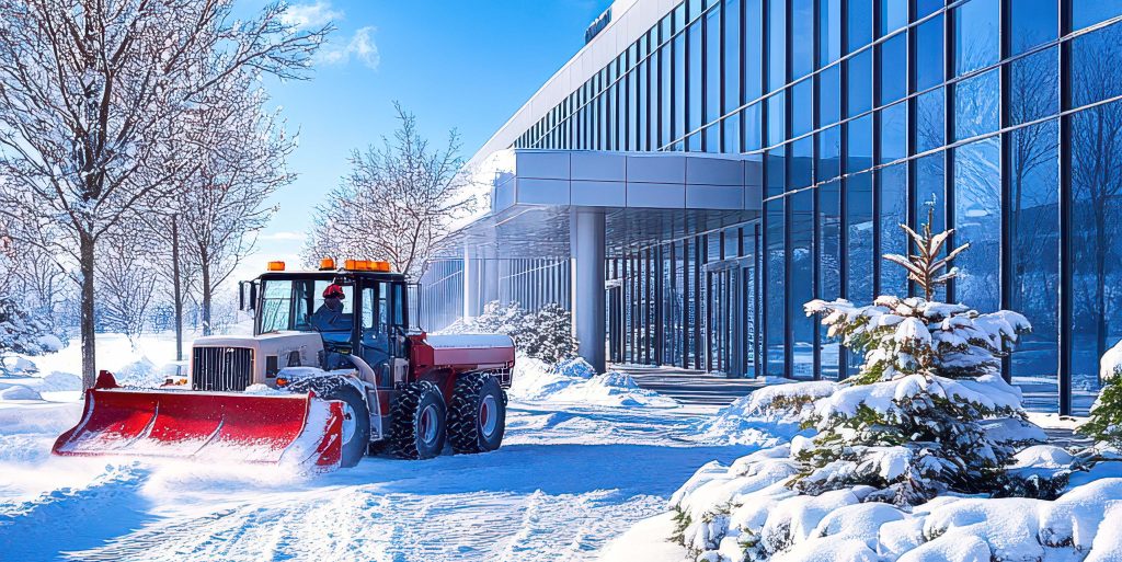 Snow removal service clearing parking lot of modern office building Snow removal plow truck clearing heavy snow from a commercial parking lot or roadway during an active winter storm