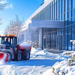 Snow removal plow truck clearing heavy snow from a commercial parking lot or roadway during an active winter storm