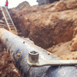 A close-up view of a large underground pipe at a construction site, with a wrench resting on top and workers in safety gear visible in the background.