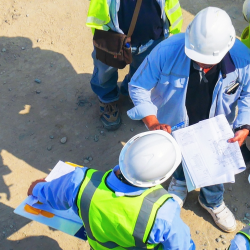 General contractor and subcontractors reviewing plans on a construction job site, highlighting subcontractor liability exposures