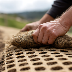 Landscaping contractor installing erosion control materials and slope stabilization systems to prevent soil runoff.