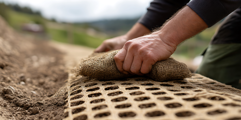 Landscaping contractor installing erosion control materials and slope stabilization systems to prevent soil runoff.