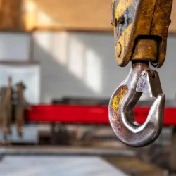 Crane sling hook attached to industrial rigging equipment