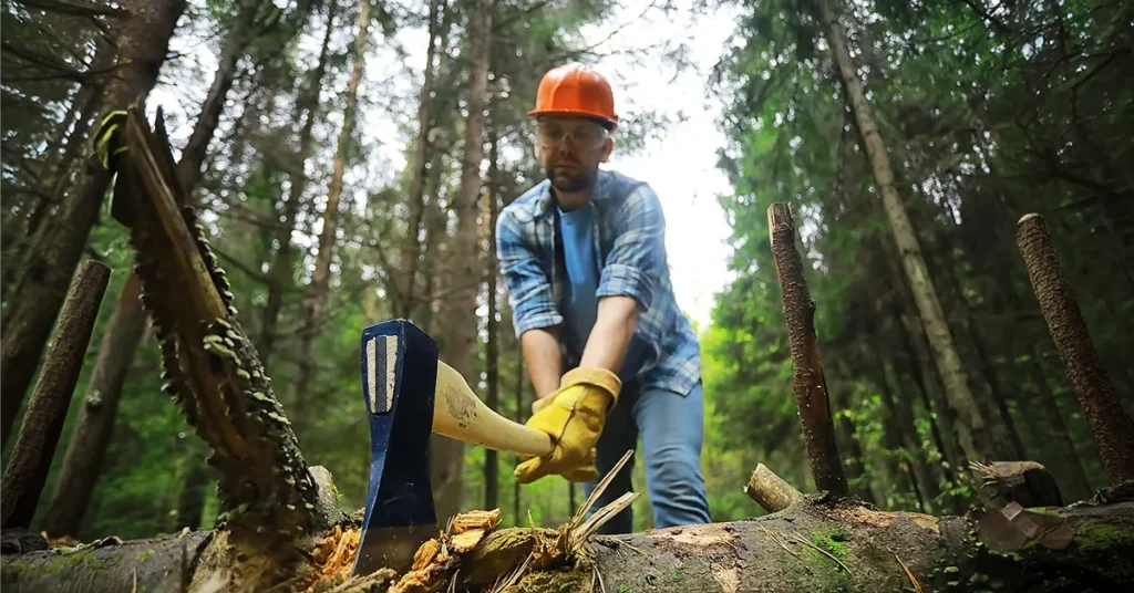 A tree service worker chopping a tree with an ax in the forest A tree service worker chopping a tree with an ax in the forest