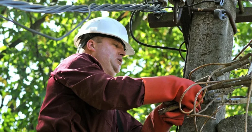 Electrician following electrical safety rules while repairing wires