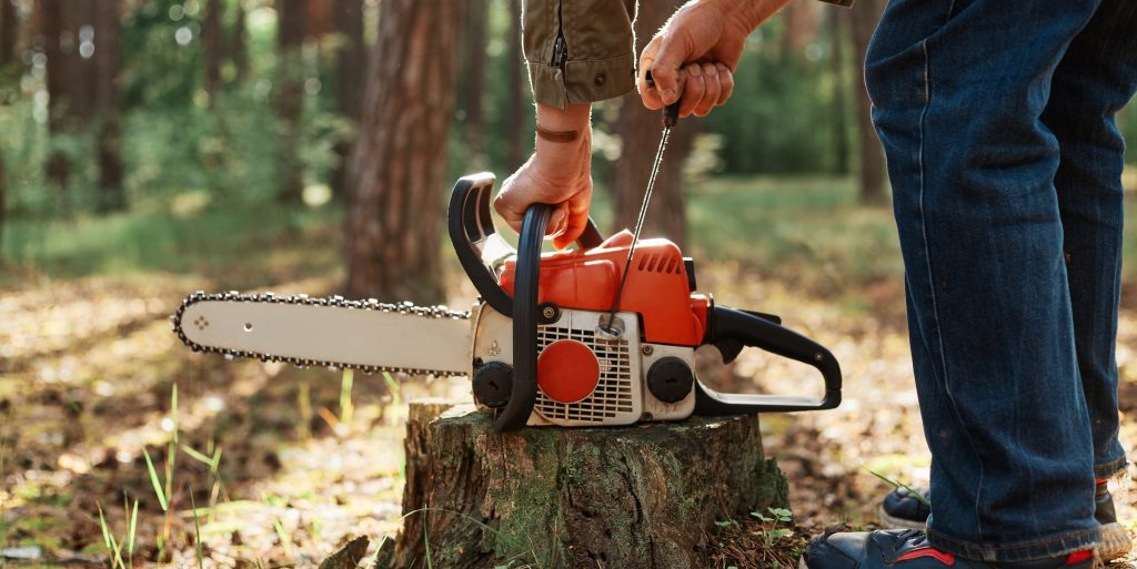 Closeup of chainsaw on wooden stump, faceless woodsman start saw, industrial destruction of trees, causing harm to the environment, deforestation. Close-up of a tree professional's hands starting a chainsaw resting on a freshly cut wooden stump in the field