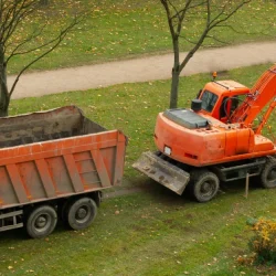 Orange excavator digging soil beside an orange dump truck at a landscaping and earthmoving site in a grassy park.