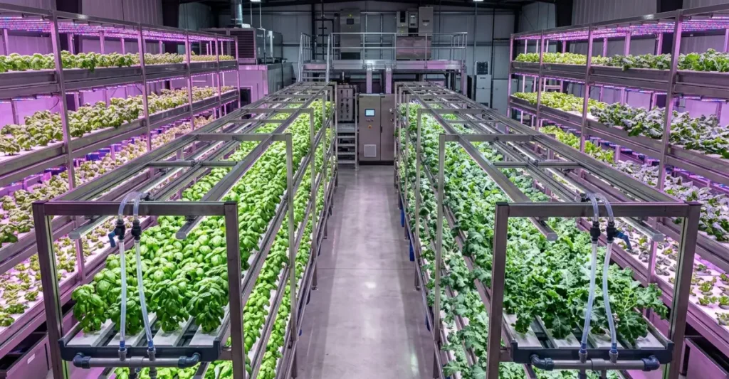 Rows of vertical farming equipment with LED lighting and irrigation lines Rows of vertical farming equipment with LED lighting and irrigation lines