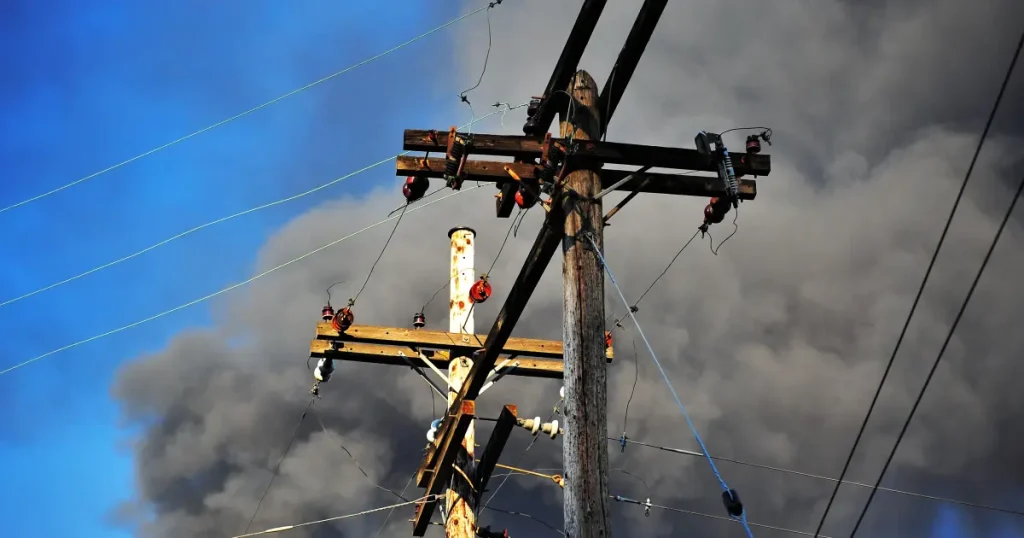 Low-angle view of a utility pole with power lines Low-angle view of a utility pole with power lines