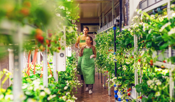 greenhouse-growers-walking Greenhouse growers walking through vertical growing farm