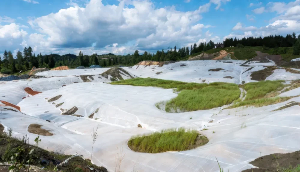 Erosion control construction blanket covering a slope with vegetation growth