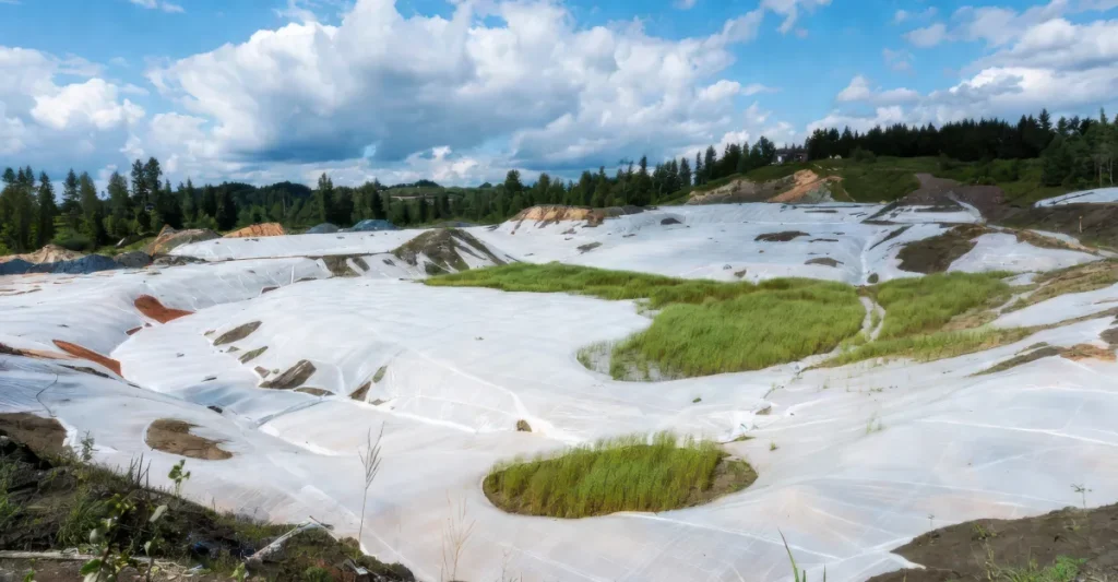 Erosion control construction blanket covering a slope with vegetation growth Erosion control construction blanket covering a slope with vegetation growth