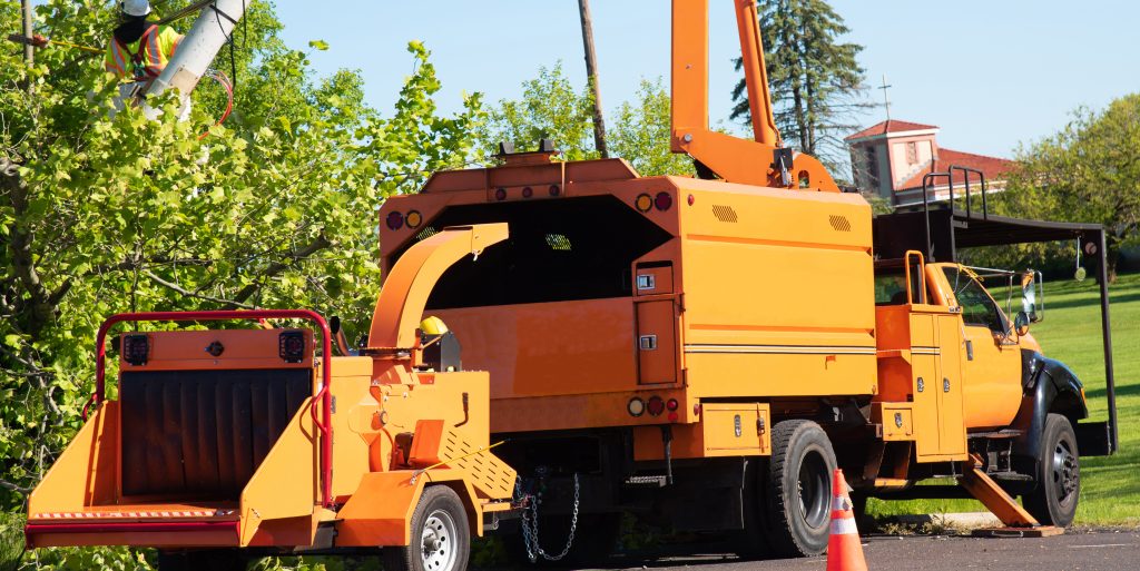 Wood chipper machine releasing the shredded woods into a truck tree